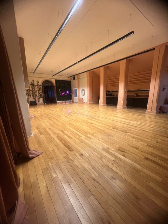 La salle vue dans sa largeur, la rangée de colonnes rosées et le parquet en chêne